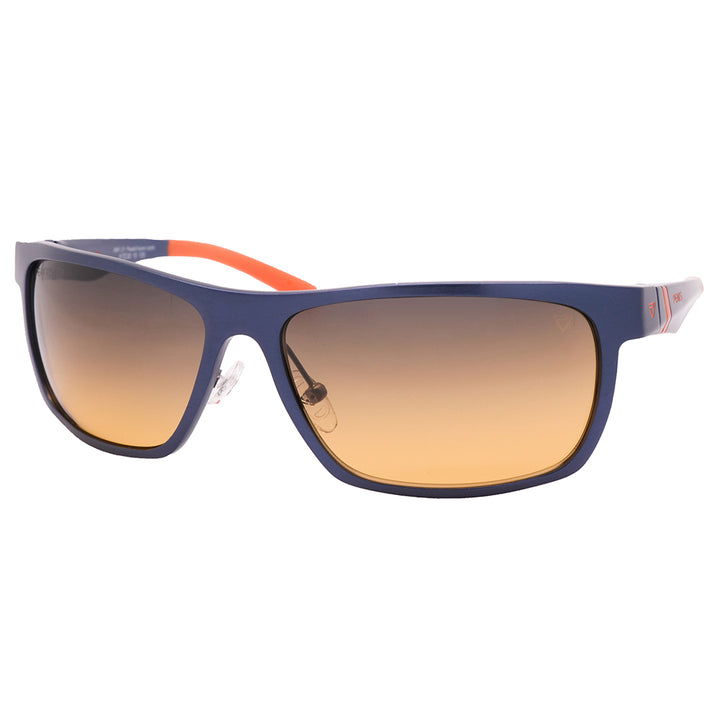 Front view of AM1 sunglasses in royal navy and orange, featuring lightweight Aluminum Magnesium frame and non-polarized dual zone lens technology for optimal clarity.