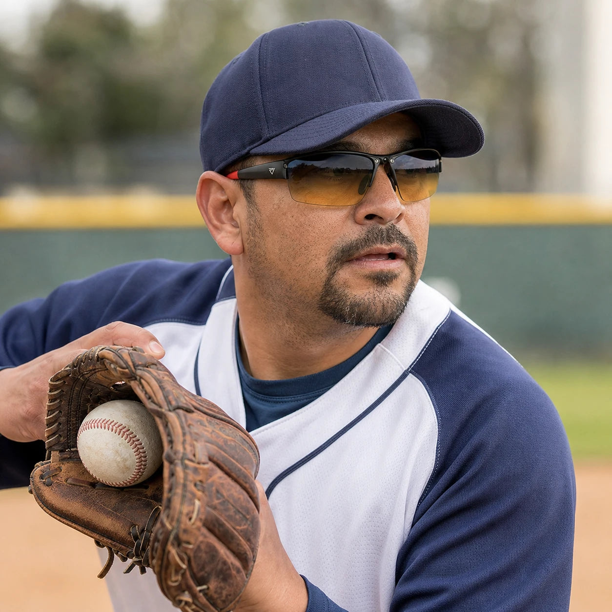 Baseball activity featuring PeakVision GX6 sunglasses with silver temple emblem