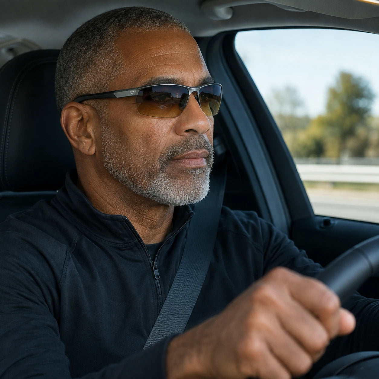Driving activity featuring PeakVision SL9 sunglasses with silver temple emblem