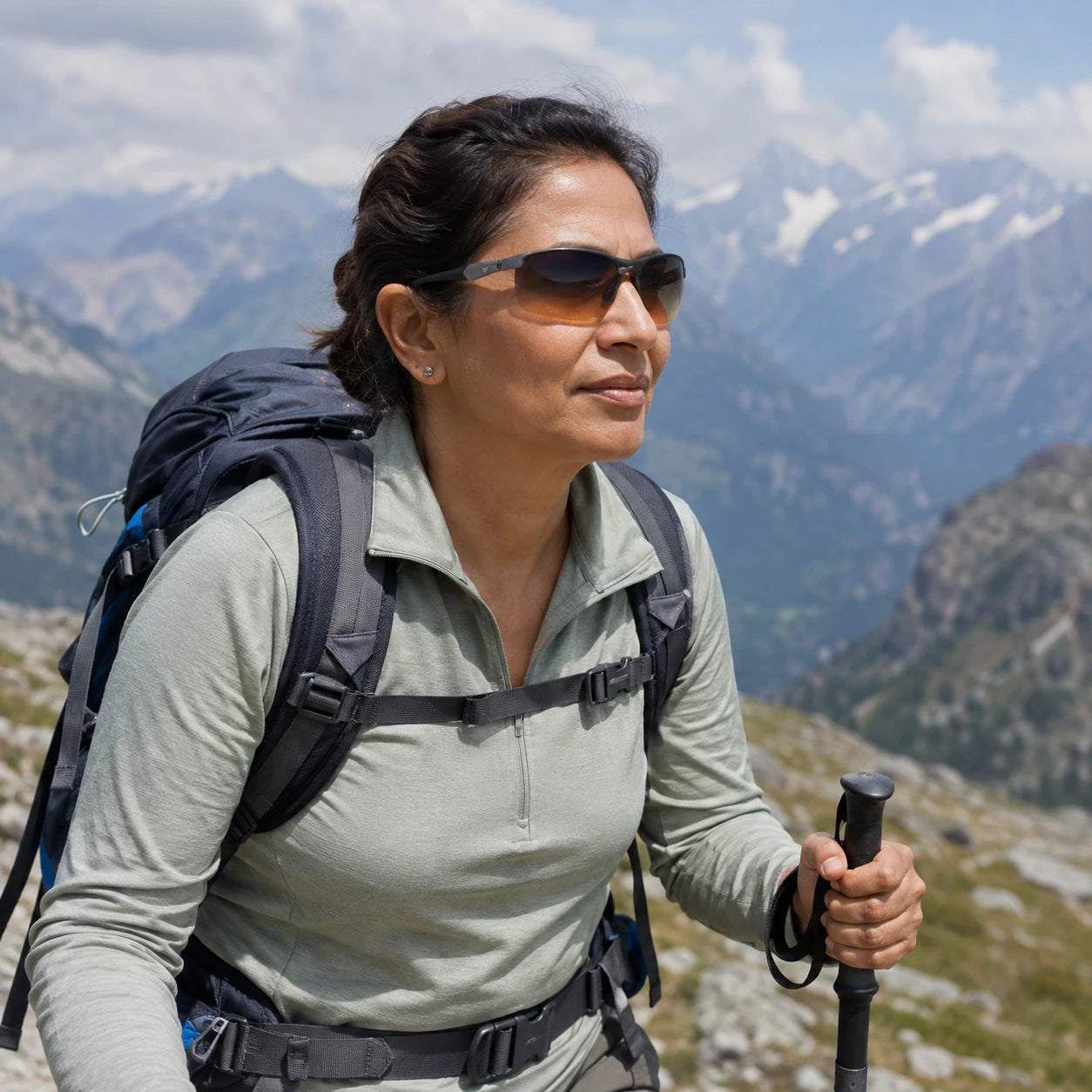 Hiking activity featuring PeakVision SL9 sunglasses with silver temple emblem