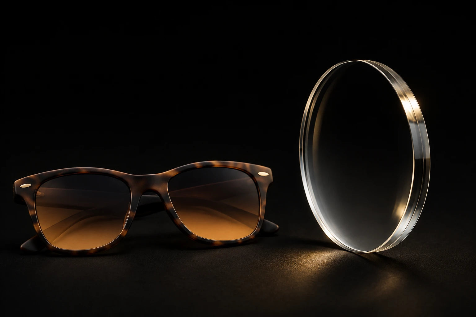 Crown glass beside neatly folded PeakVision DG1.23 matte tortoise sunglasses