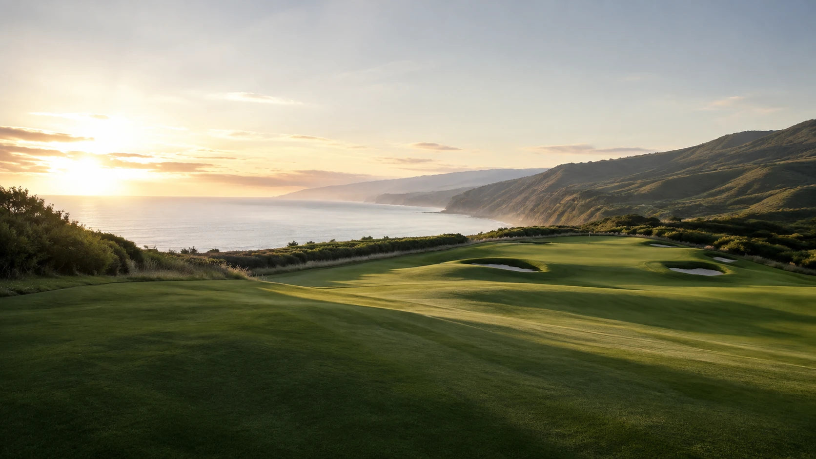 Sunlight falling across a coastal golf course and rolling hills