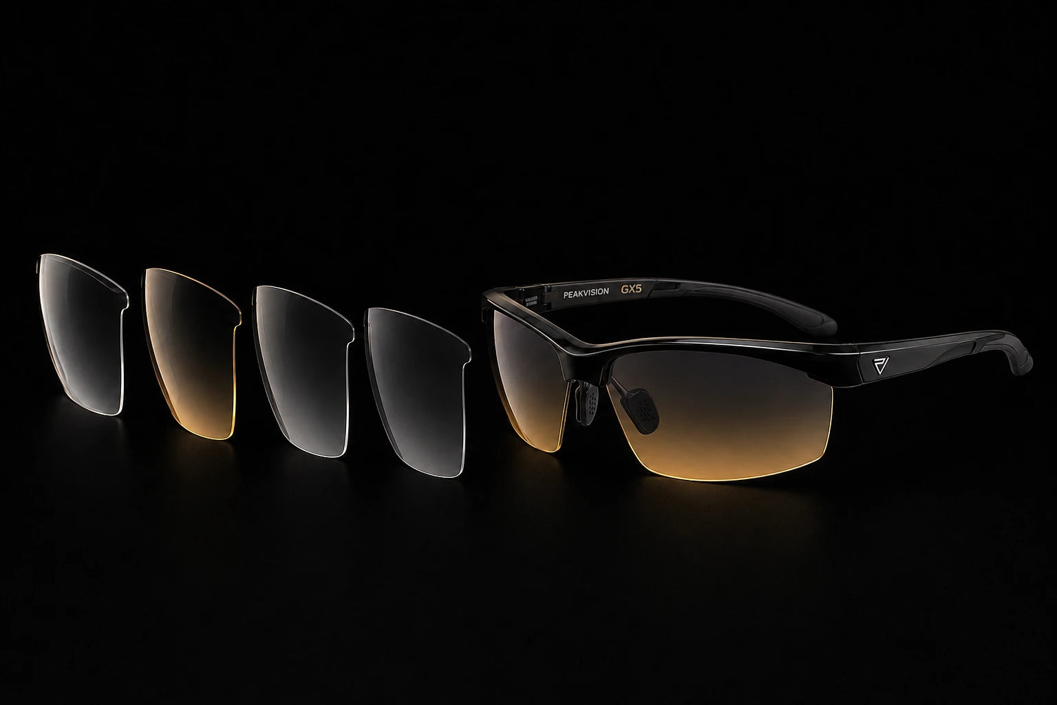 Exploded illustration of the PeakVision GX5 with four lens filter sections in front of the frame