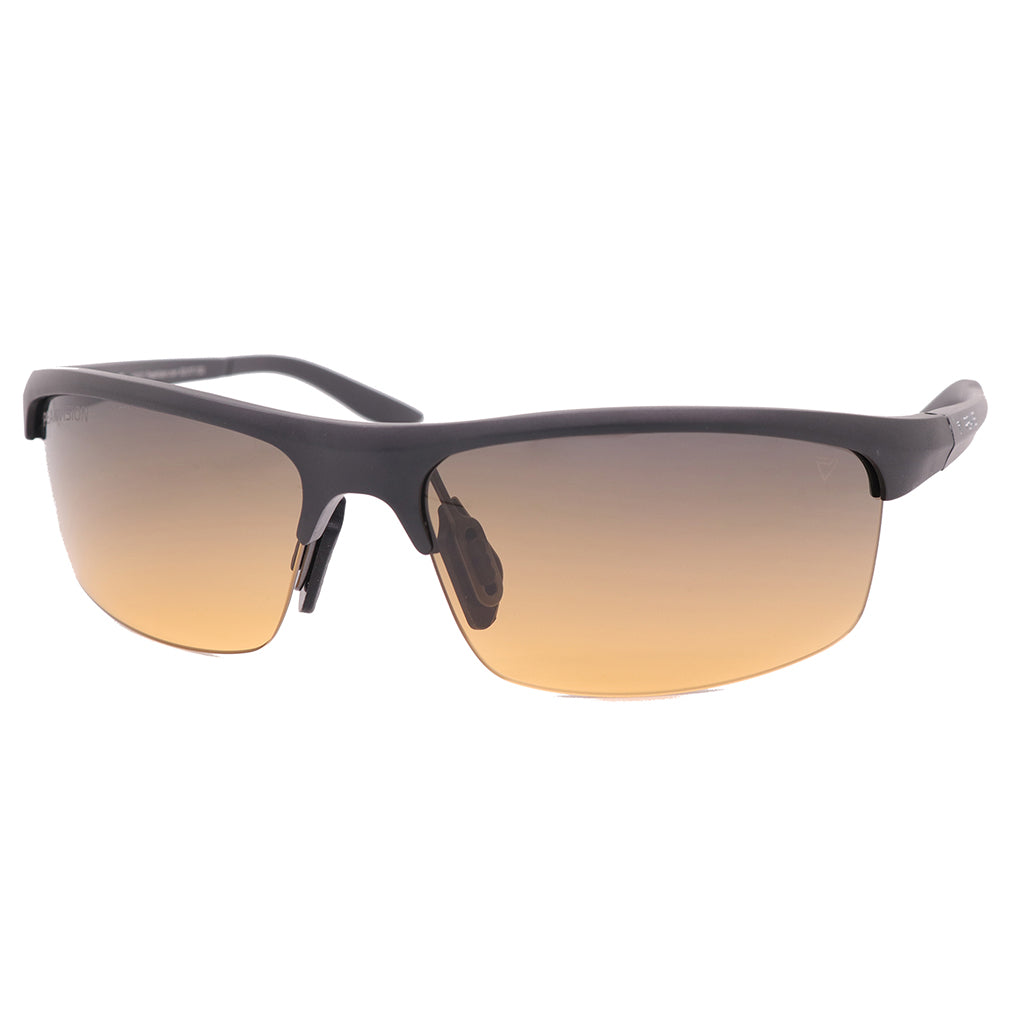 Front view of CY6 sunglasses in matte black, featuring a redesigned rubber temple piece for long hair, aluminum magnesium frame, adjustable nose pads, and non-polarized dual zone lens technology.#color_matte-black