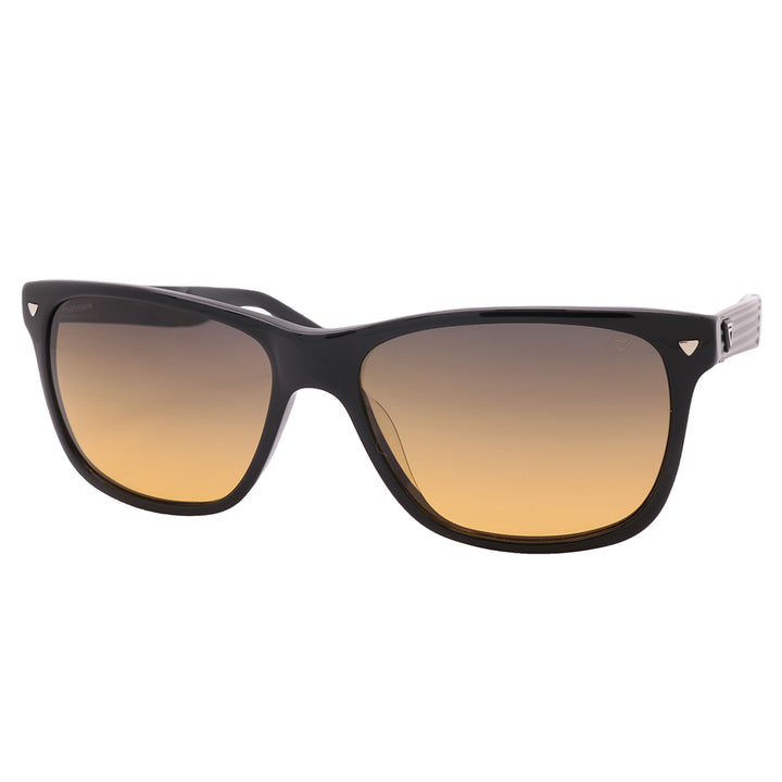 Front view of PF1 Player Focused sunglasses in black, featuring hand-made zyl-acetate frame and magnesium aluminum alloy temples with spring-loaded hinges.